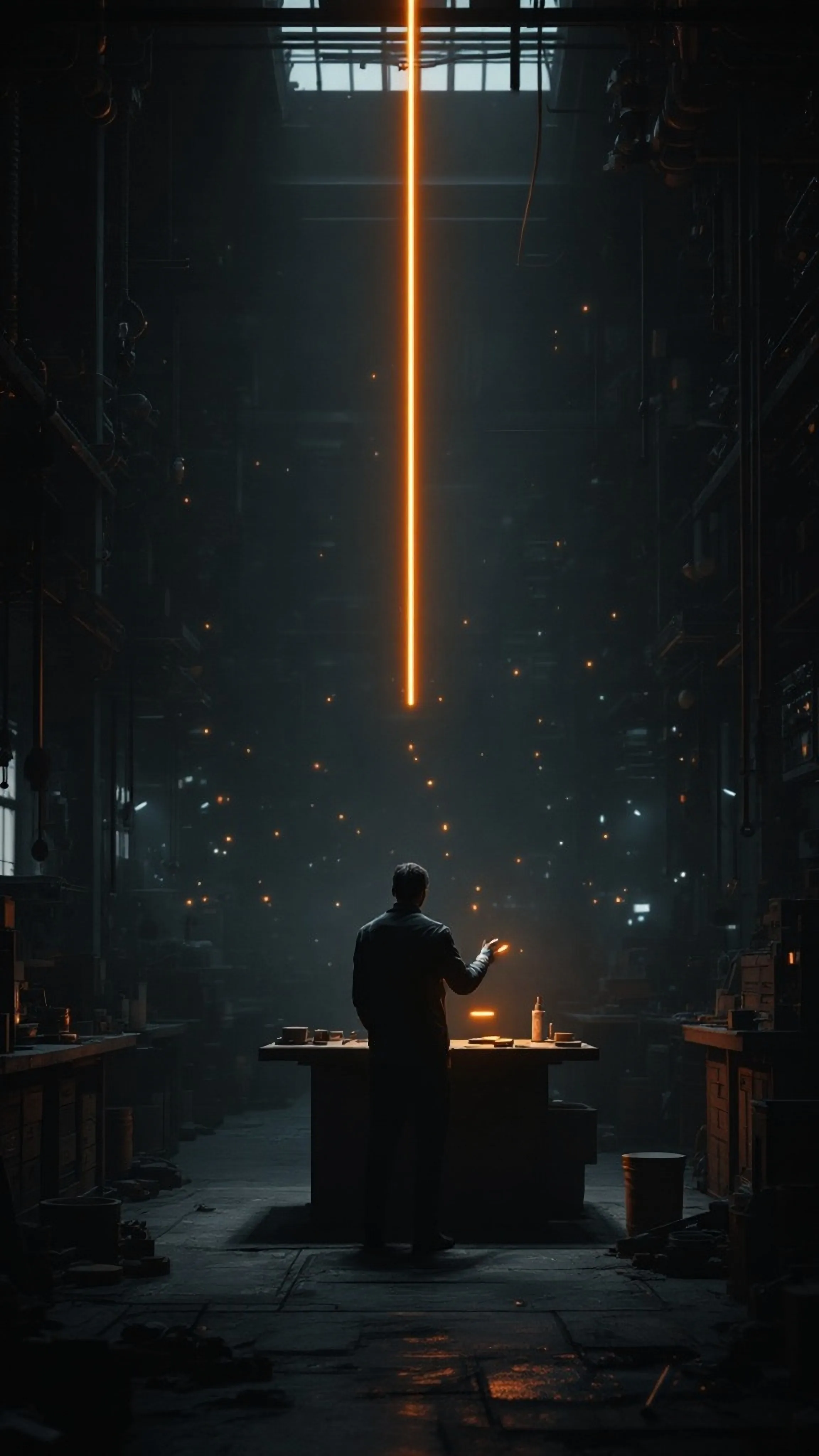 A lone figure stands at a workbench in a vast, dark workshop, one hand raised toward a single thin beam of warm orange light descending from above, surrounded by the faint scattered glow of countless tools and machines receding into the shadows.