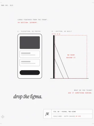 A mechanical drawing showing a phone interface in two views: a finished elevation as posted, and a section view revealing a thin flat propped up by braces with nothing behind it, dimensioned depth zero. Annotations read looks finished from the front; in section: scenery. The title block reads scale none, depth checked by eye.