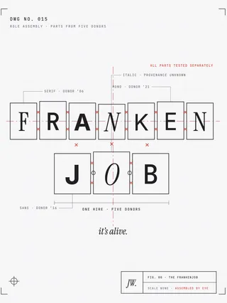 A mechanical drawing of the word Frankenjob spelled in letters salvaged from different typefaces, each letter boxed and stitched to its neighbors with red cross marks, leader lines noting which face each letter was taken from. A margin note in italic serif reads it's alive. The title block reads scale none, assembled by eye.
