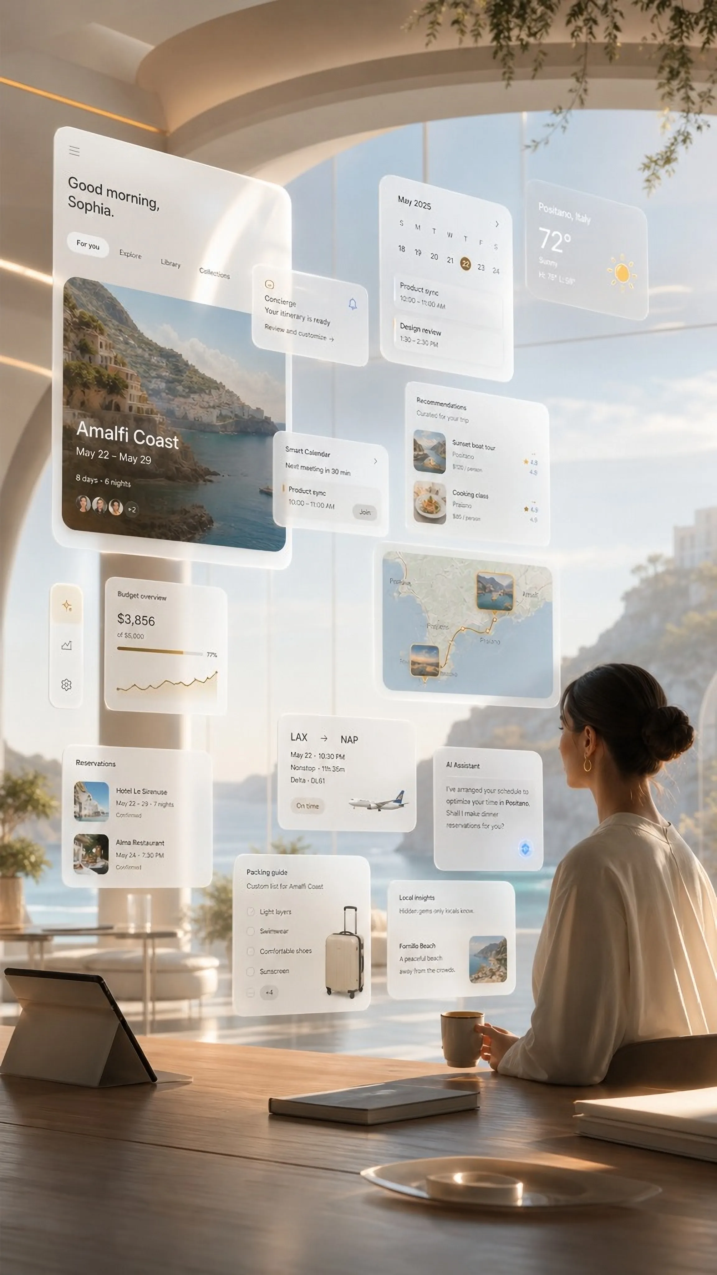 A woman at a curved sunlit desk gazes at a composed glassmorphic interface of floating cards: an Amalfi Coast trip plan, a budget tracker, reservations, weather for Positano, an AI assistant offering to make dinner reservations, a map, and a packing guide. The interface is the product, not a chat window.