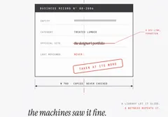 A mechanical drawing of a business-record index card: field rows for entity and category, an official-site field crossed out in red with a leader reading a dev link, forgotten, and a rotated red stamp reading taken at its word. The title block reads scale none, corrected by eye.