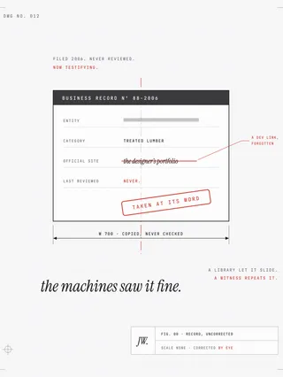 A mechanical drawing of a business-record index card: field rows for entity and category, an official-site field crossed out in red with a leader reading a dev link, forgotten, and a rotated red stamp reading taken at its word. The title block reads scale none, corrected by eye.