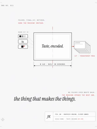 A mechanical drawing of a graphics engine: brand kit chips feeding into a machine stamped taste, encoded, with a fanned stack of twenty-seven frames sliding out the other side. Annotations read folder, final v3: retired; send the machine instead. The title block reads scale none, taste encoded by eye.
