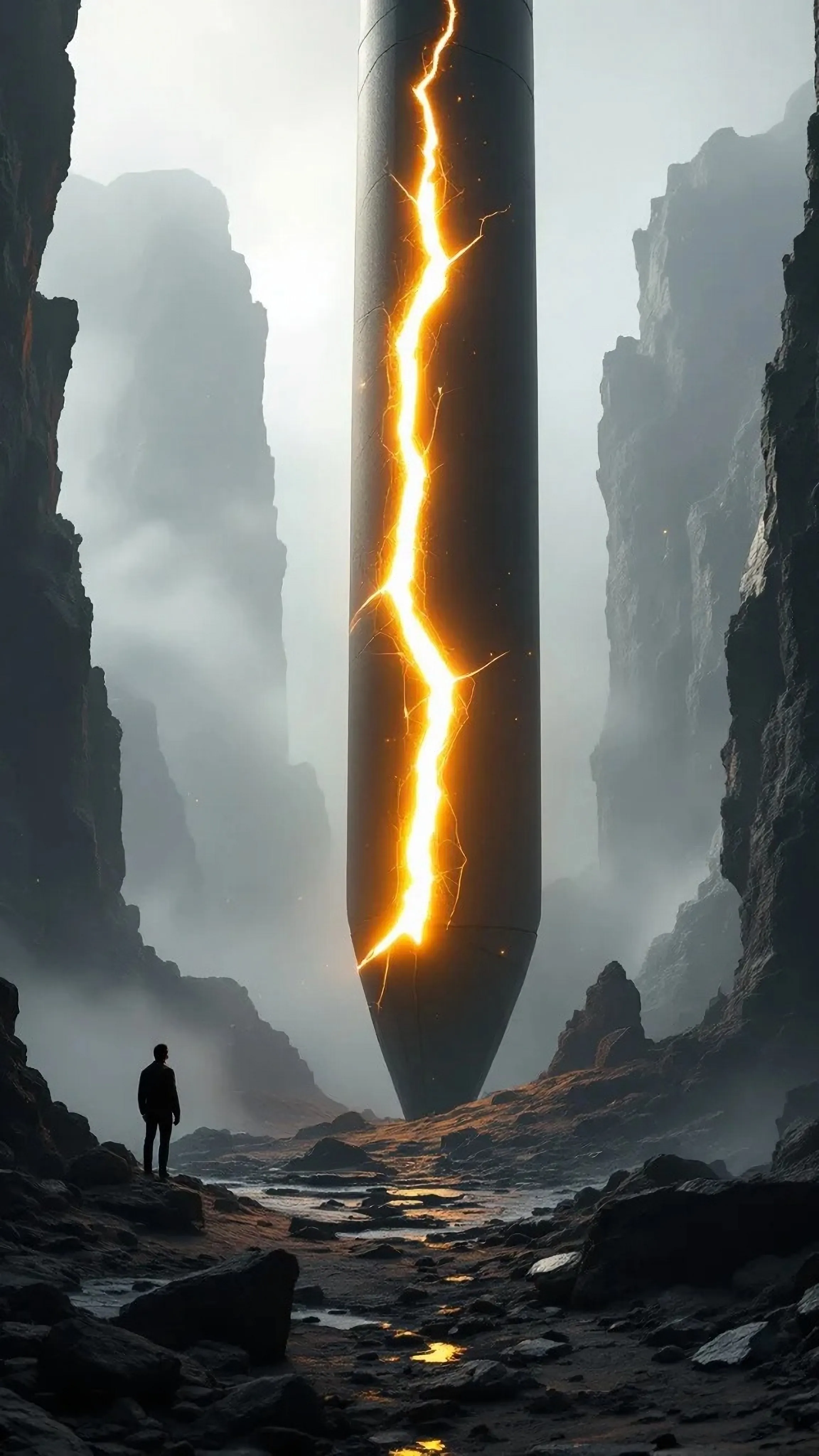A lone figure stands in a foggy canyon, dwarfed by a colossal monolith descending from above, a glowing molten crack splitting its length.