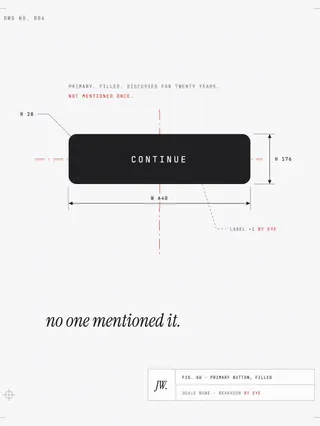 A mechanical drawing of a primary button, fully dimensioned with corner-radius and height callouts and red centerlines, annotated: discussed for twenty years, not mentioned once. The title block reads scale none, behavior by eye.