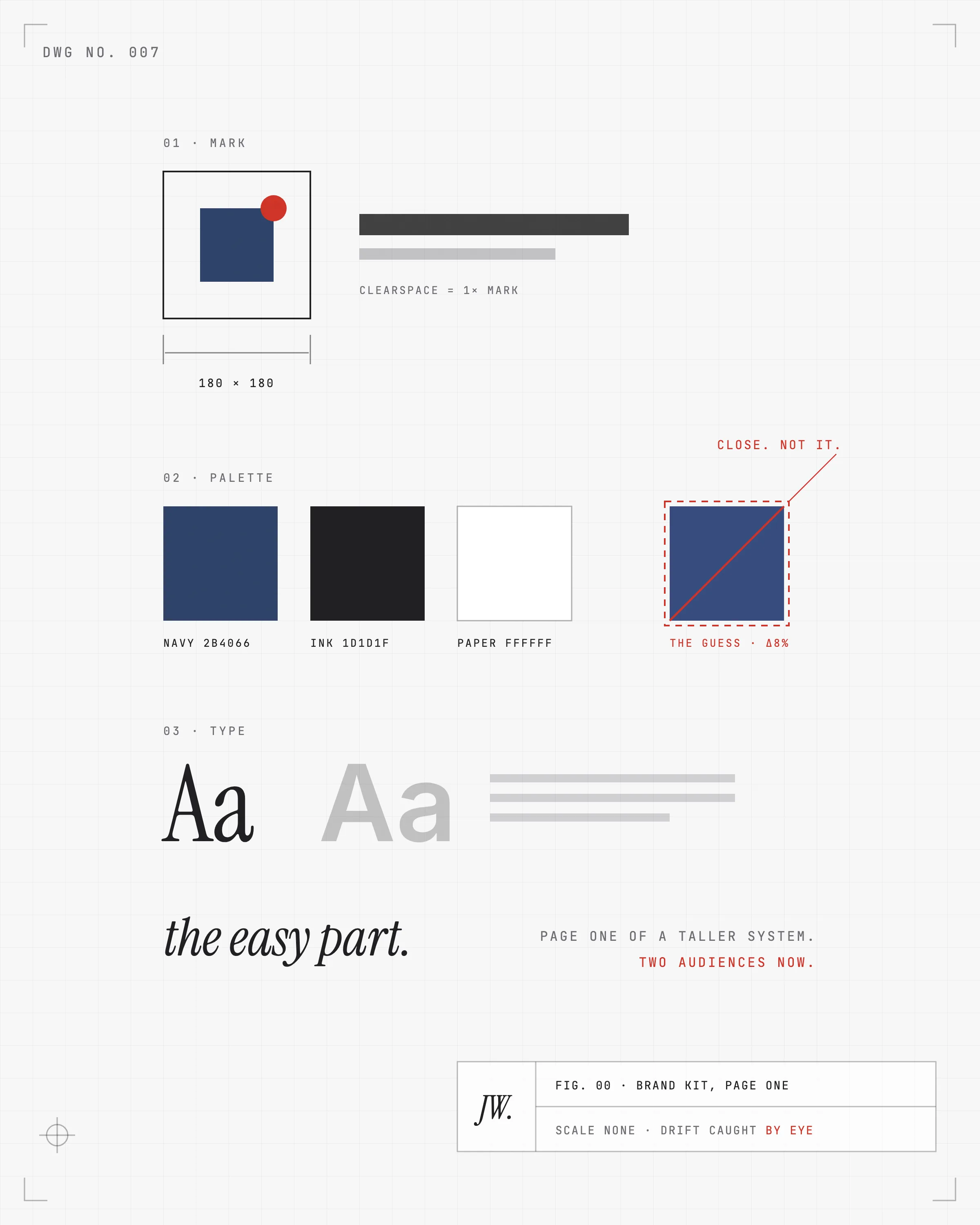 A mechanical drawing of a brand kit page: a dimensioned logo box, palette chips with hex callouts including one drifted navy crossed out in red and labeled close, not it, and a type specimen. The title block reads scale none, drift caught by eye.