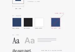 A mechanical drawing of a brand kit page: a dimensioned logo box, palette chips with hex callouts including one drifted navy crossed out in red and labeled close, not it, and a type specimen. The title block reads scale none, drift caught by eye.