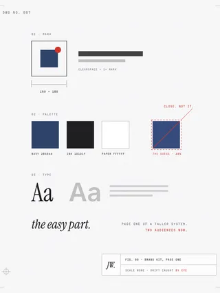 A mechanical drawing of a brand kit page: a dimensioned logo box, palette chips with hex callouts including one drifted navy crossed out in red and labeled close, not it, and a type specimen. The title block reads scale none, drift caught by eye.