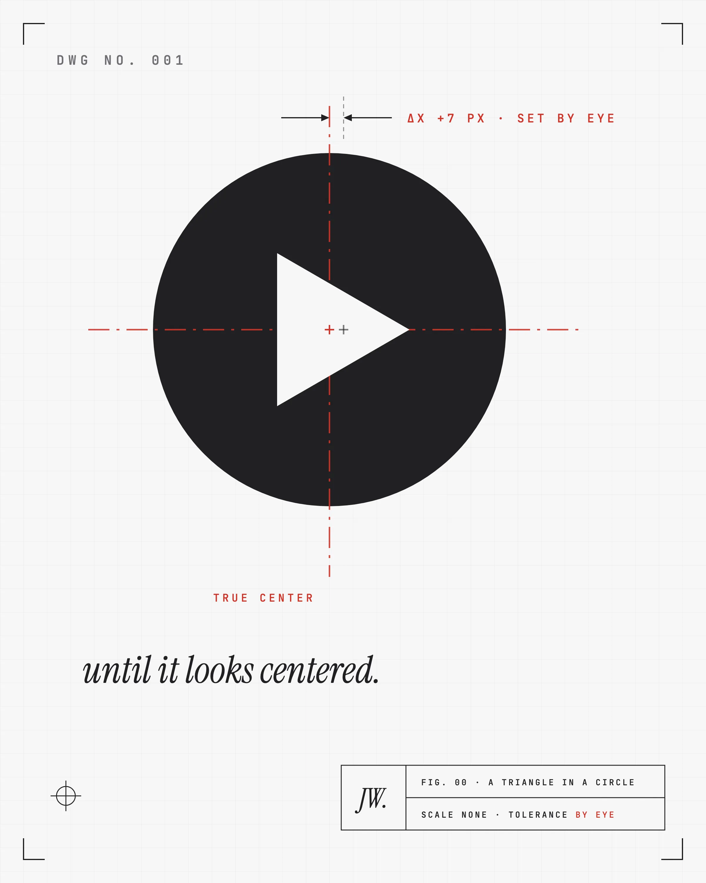 A mechanical drawing of a play button: a light triangle knocked out of a dark ink circle on faint graph paper. Red drafting centerlines cross at the circle's true center, a dimension callout reads delta-x plus seven pixels, set by eye, and a title block is stamped scale none, tolerance by eye.