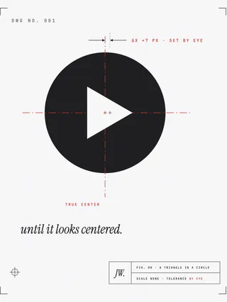 A mechanical drawing of a play button: a light triangle knocked out of a dark ink circle on faint graph paper. Red drafting centerlines cross at the circle's true center, a dimension callout reads delta-x plus seven pixels, set by eye, and a title block is stamped scale none, tolerance by eye.
