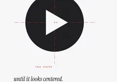 A mechanical drawing of a play button: a light triangle knocked out of a dark ink circle on faint graph paper. Red drafting centerlines cross at the circle's true center, a dimension callout reads delta-x plus seven pixels, set by eye, and a title block is stamped scale none, tolerance by eye.