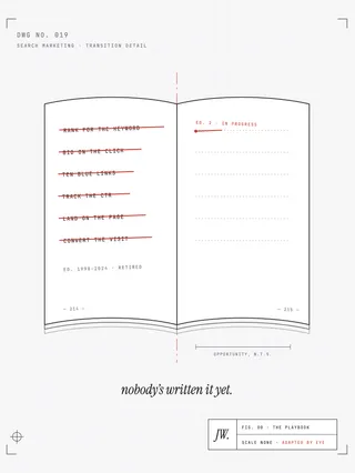 A mechanical drawing of an open playbook. The left page lists the old rules of search marketing, rank for the keyword, bid on the click, ten blue links, each struck through in red, marked edition 1998 to 2024, retired. The right page is blank construction lines marked edition two, in progress, with a single red line just begun. A dimension line beneath reads opportunity, not to scale. A margin note in italic serif reads nobody's written it yet. The title block reads scale none, adapted by eye.