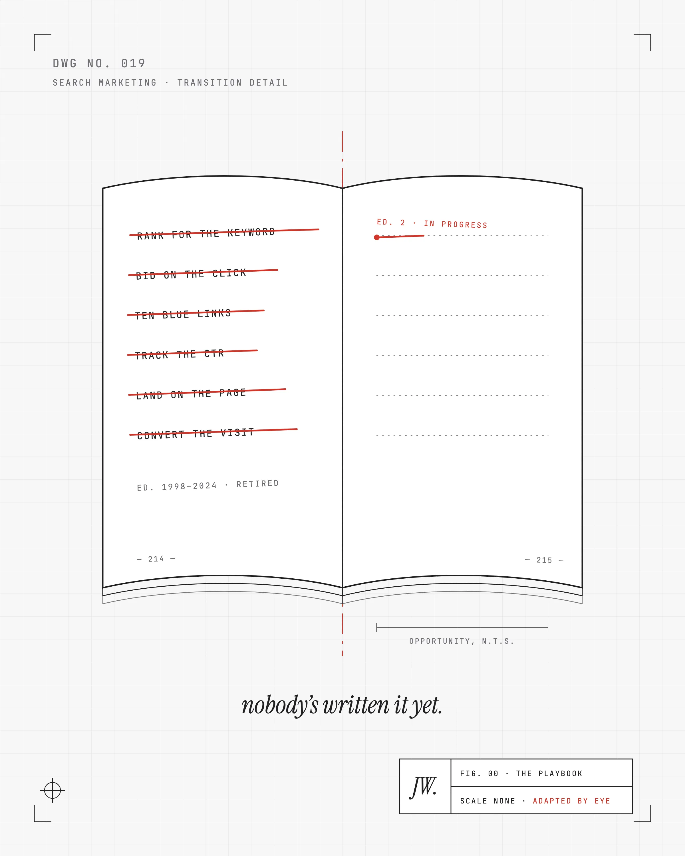 A mechanical drawing of an open playbook. The left page lists the old rules of search marketing, rank for the keyword, bid on the click, ten blue links, each struck through in red, marked edition 1998 to 2024, retired. The right page is blank construction lines marked edition two, in progress, with a single red line just begun. A dimension line beneath reads opportunity, not to scale. A margin note in italic serif reads nobody's written it yet. The title block reads scale none, adapted by eye.