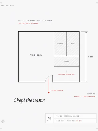 A mechanical drawing of a small floor plan labeled premises: a clear room marked your work beside hatched rooms marked markup, root, and speed, landlord access only. A red exit arrow swings through the door toward a label reading to own domain. The title block reads scale none, terms read by eye.