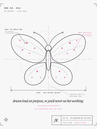 A mechanical drawing of a butterfly in pink drafting linework, wings spread symmetrically across a vertical pink centerline, with callouts labeling the left wing what the world saw, the sparkle, and the right wing what she built, the strategy. A dimension line under the wingspan reads span, one entire region. A margin note in italic serif reads drawn loud on purpose, so you'd never see her working. The title block reads scale none, sung by heart.