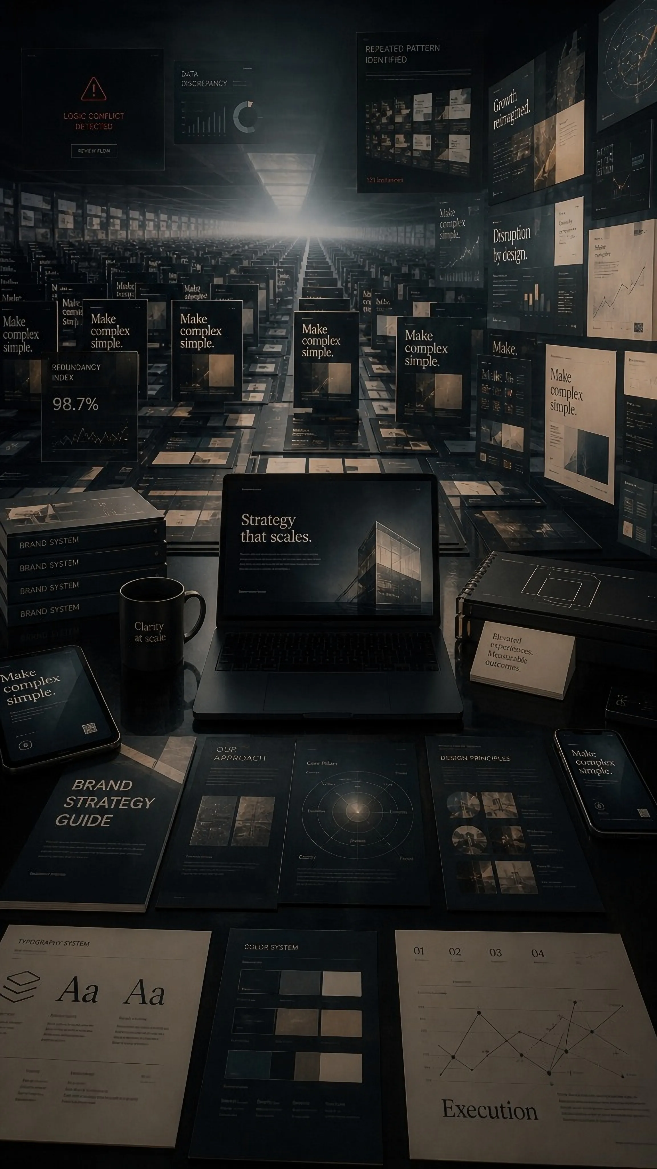 Endless rows of nearly-identical 'Make complex simple.' brand strategy posters stretch into the distance behind a laptop displaying 'Strategy that scales.' A floating notification reads 'REDUNDANCY INDEX 98.7%.'