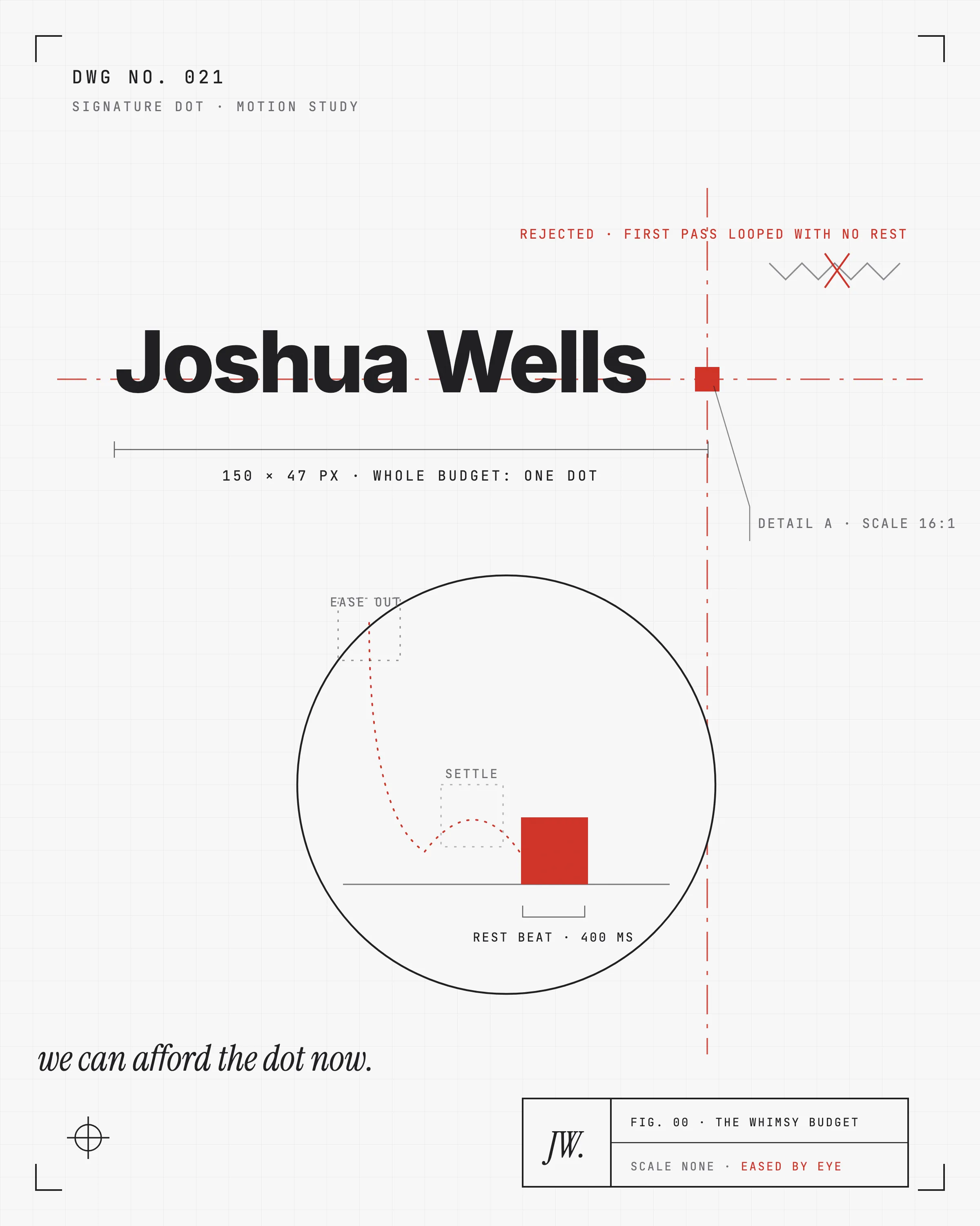 A mechanical drawing of the Joshua Wells wordmark with the square that ends it pulled out for detail. A large detail circle enlarges the square and plots its bounce path with a dashed arc, annotated ease out, settle, rest beat 400 milliseconds. A dimension line under the wordmark reads one hundred fifty pixels, whole budget one dot. A red note reads rejected, first pass, looped with no rest. A margin note in italic serif reads we can afford the dot now. The title block reads scale none, eased by eye.