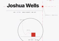 A mechanical drawing of the Joshua Wells wordmark with the square that ends it pulled out for detail. A large detail circle enlarges the square and plots its bounce path with a dashed arc, annotated ease out, settle, rest beat 400 milliseconds. A dimension line under the wordmark reads one hundred fifty pixels, whole budget one dot. A red note reads rejected, first pass, looped with no rest. A margin note in italic serif reads we can afford the dot now. The title block reads scale none, eased by eye.
