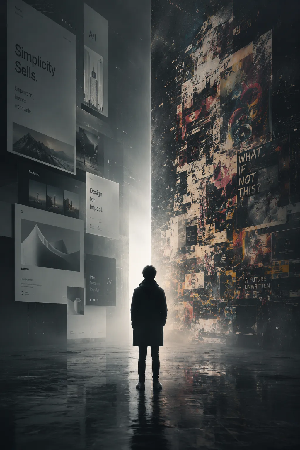 A solitary figure stands at the seam between two walls: one a sterile gallery of polished design mockups, the other a chaotic collage of color and the question 'WHAT IF NOT THIS?' — light pours down between them.