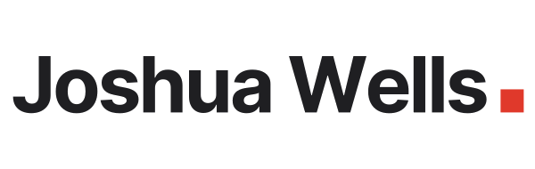 The Joshua Wells wordmark in bold type. The colorful square at the end drops in, settles with a small bounce, rests, and repeats.