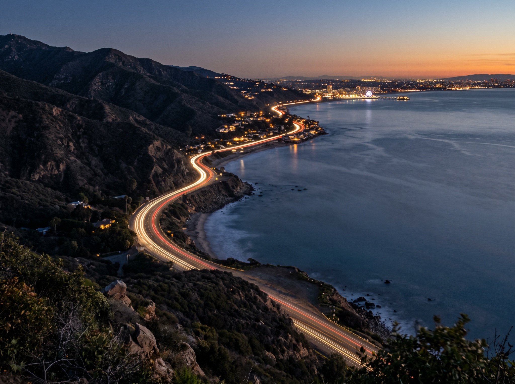 The Malibu coastline at dusk looking toward Santa Monica, with lights coming on along the shore.