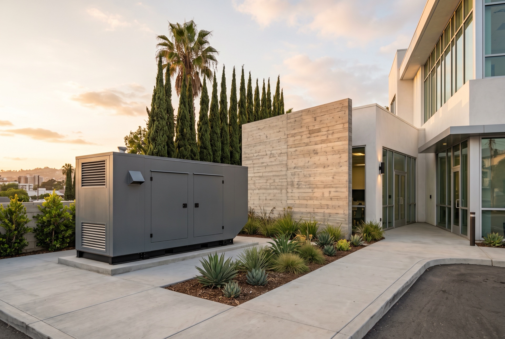 An office building with a commercial standby generator installed beside it.