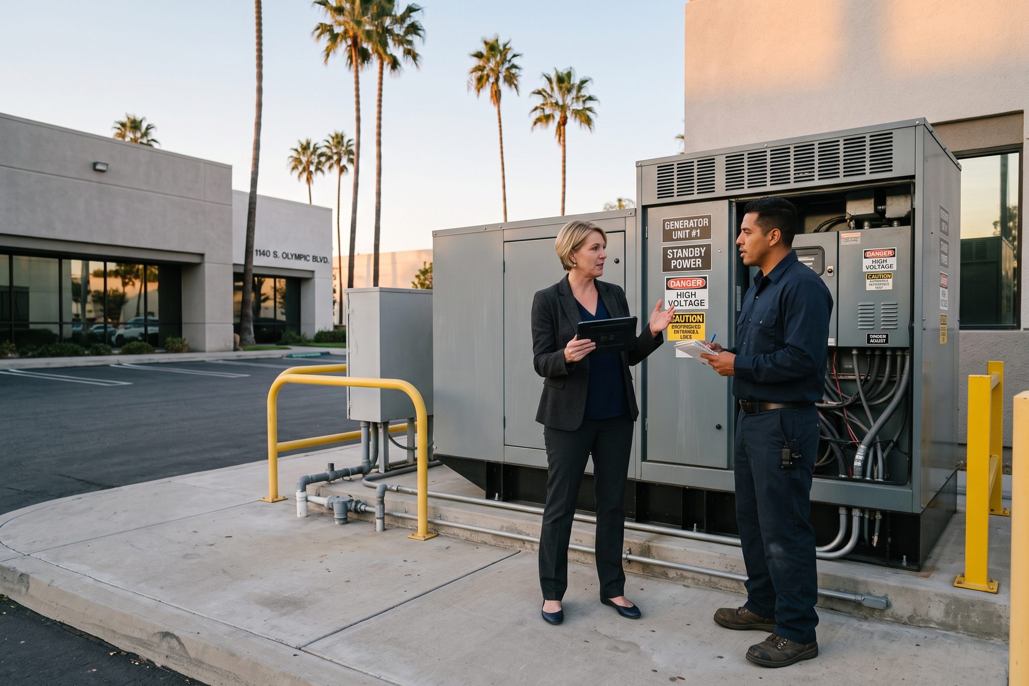 A facilities manager and an LT technician talk beside a commercial standby generator at a Los Angeles office building.