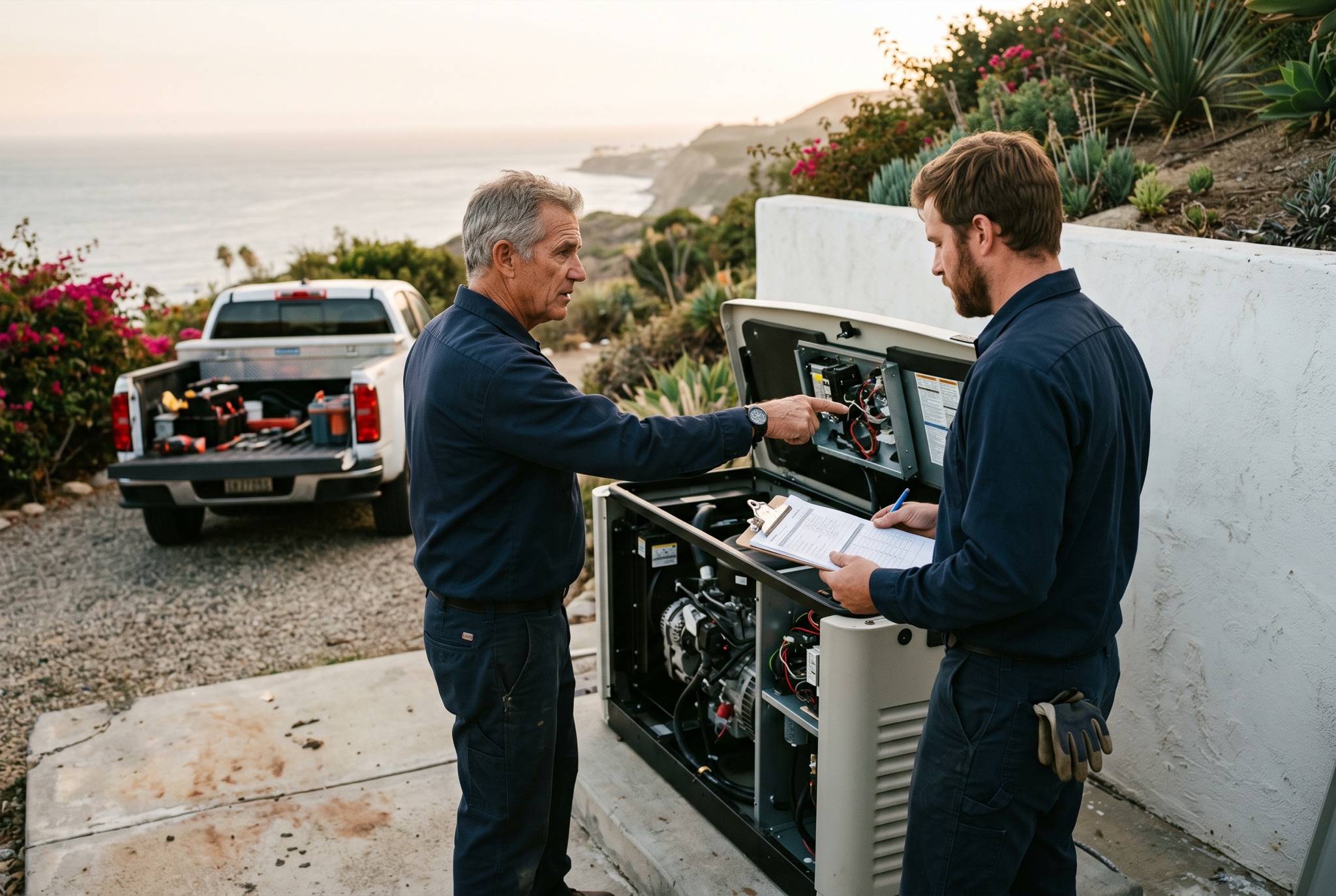 Two installers at a standby generator enclosure at a Malibu property.