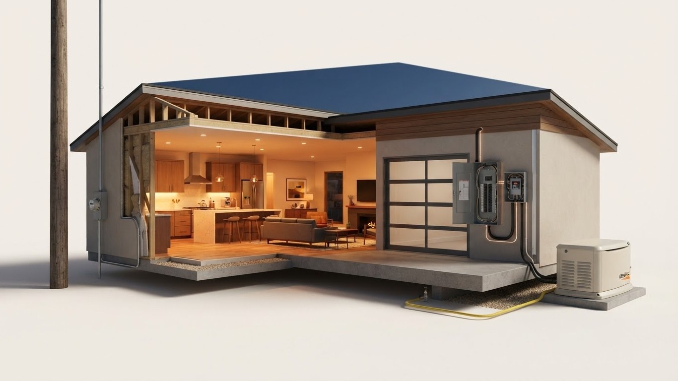 Cutaway of a home showing the utility line and meter, the main panel and automatic transfer switch in the garage, the lit kitchen, and the standby generator on its pad outside.