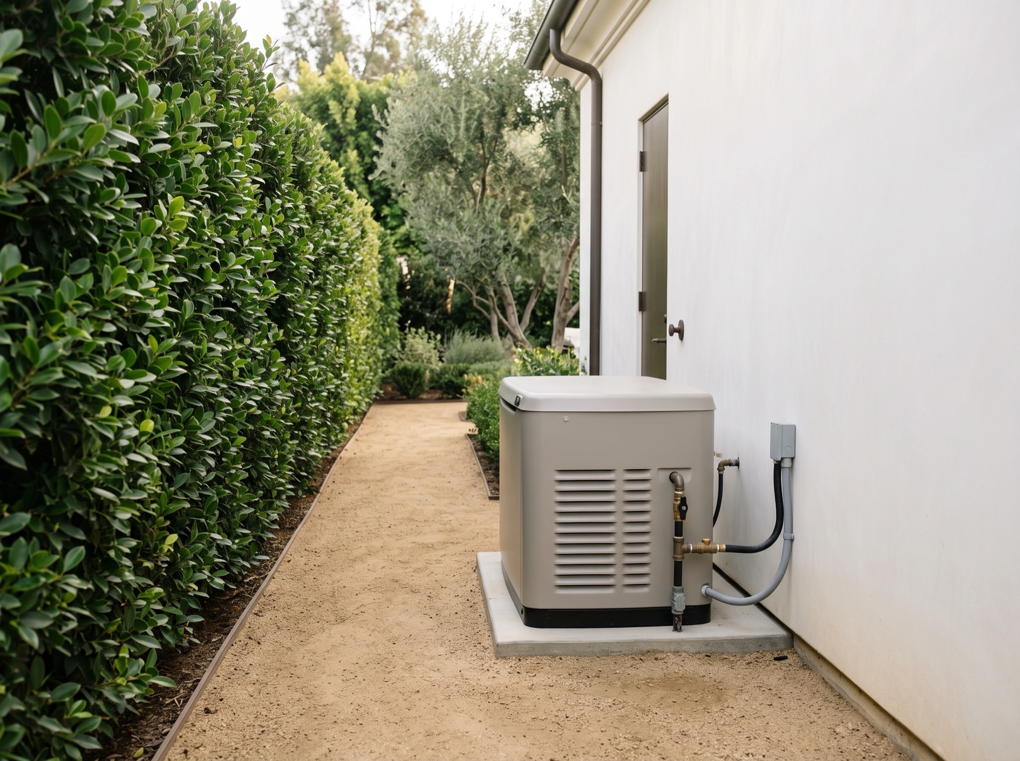 An installed standby generator on a concrete pad against a plaster wall in a Beverly Hills side yard.