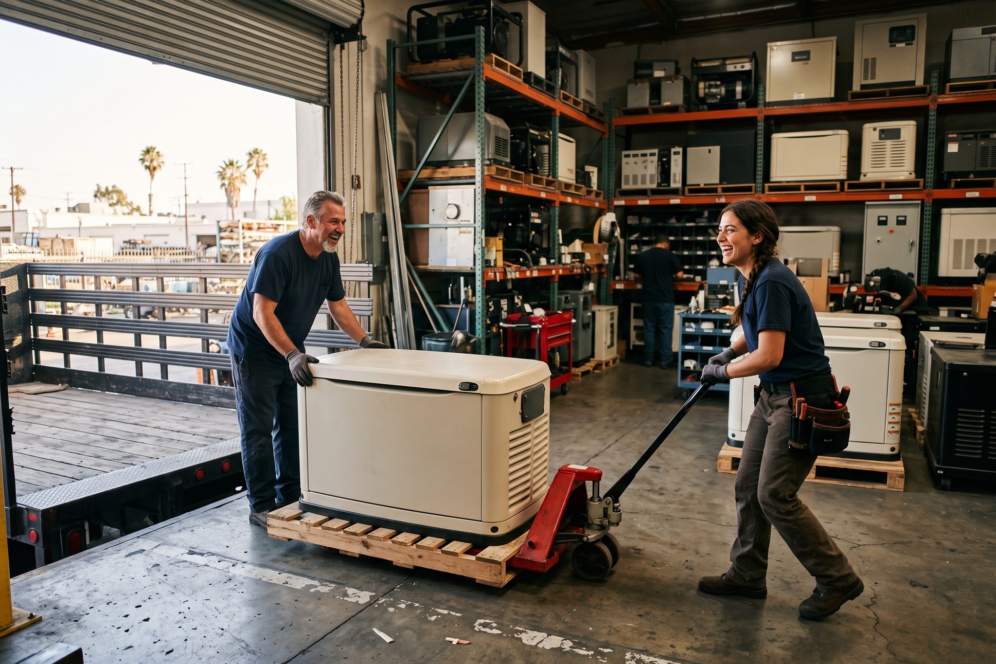 Two LT Generators team members loading a standby generator in the warehouse.