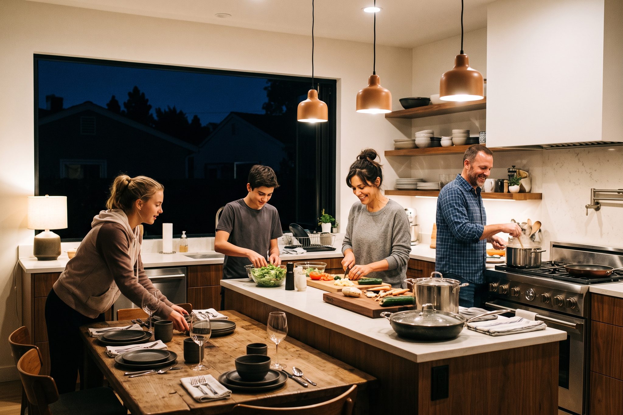 A family cooks dinner in a fully lit Pacific Palisades kitchen while the neighborhood outside the window sits dark in a blackout.