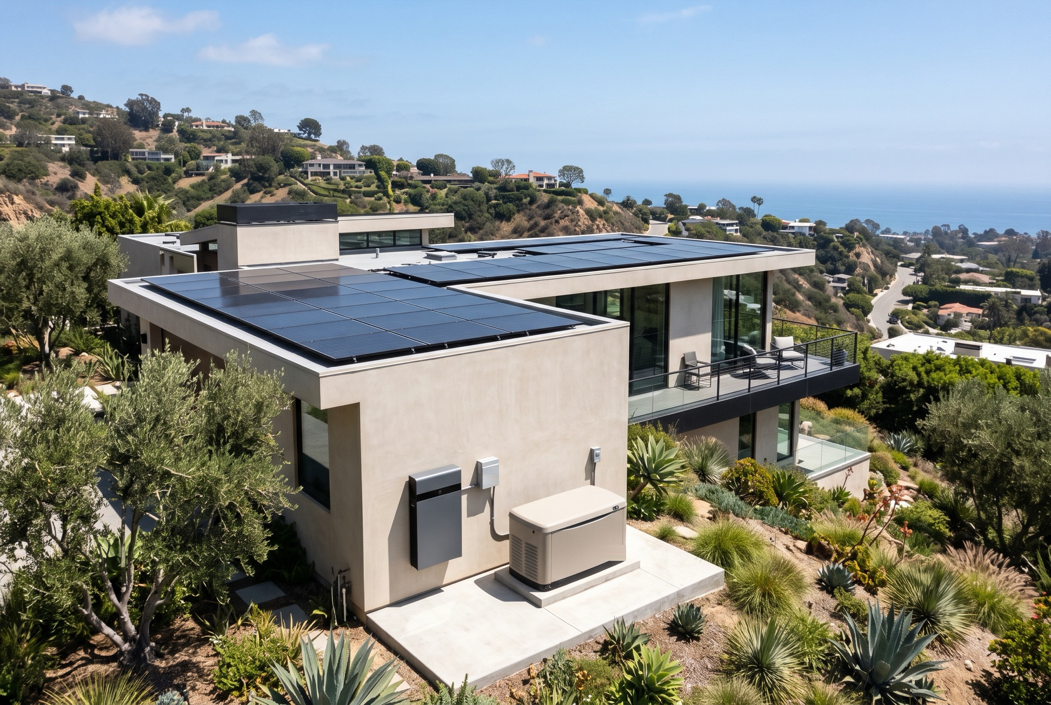Solar panels, a home battery and a standby generator on one Pacific Palisades property.