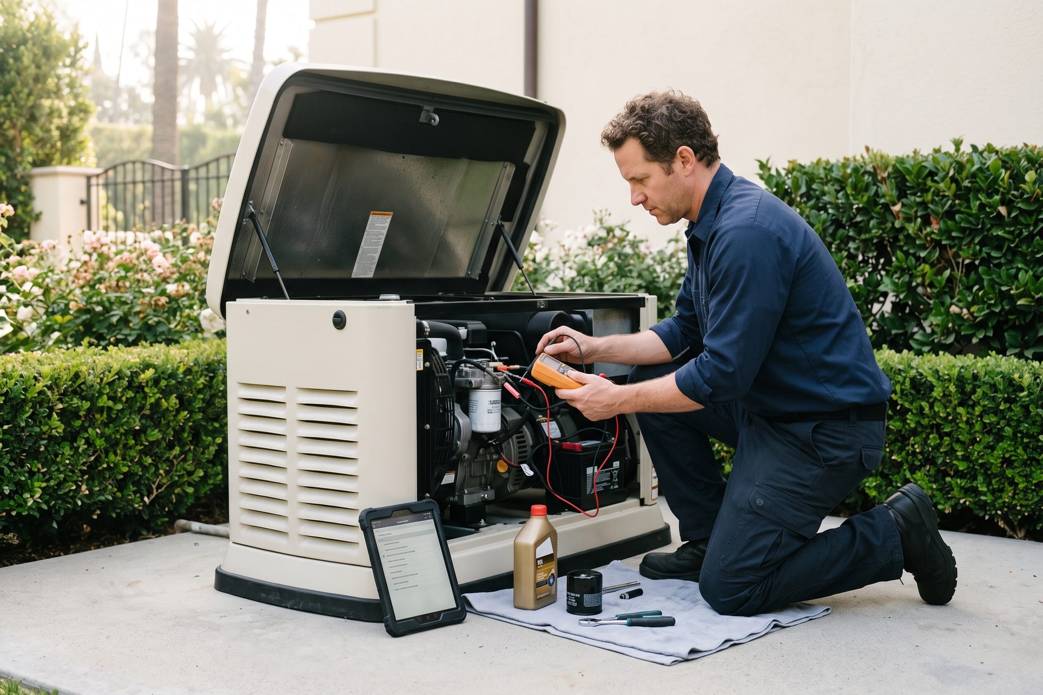 A technician servicing an open standby generator with a multimeter.