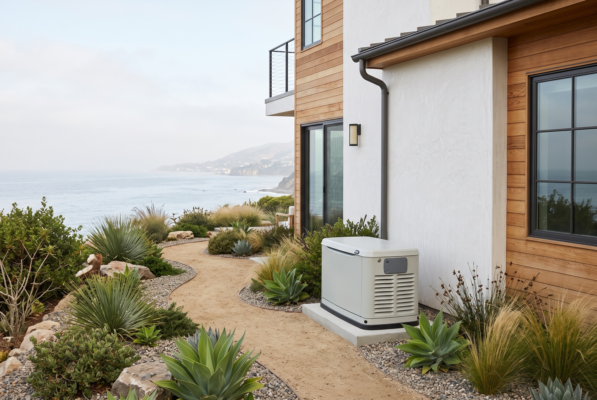A standby generator on a pad beside a Malibu home, its enclosure matched to the house.