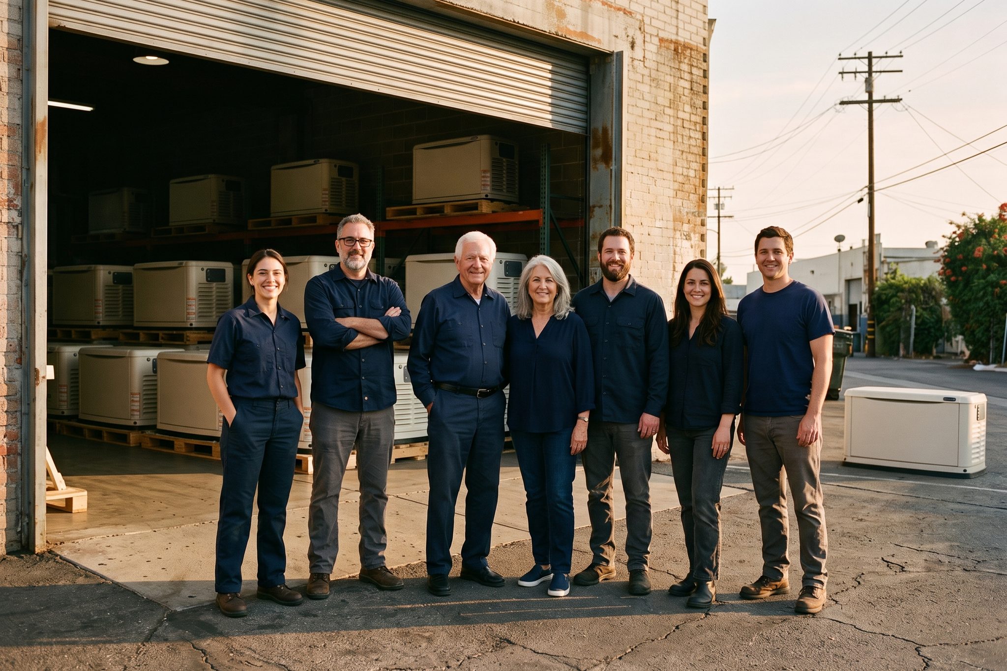 The LT Generators team, two generations of one family, in front of their Los Angeles warehouse.
