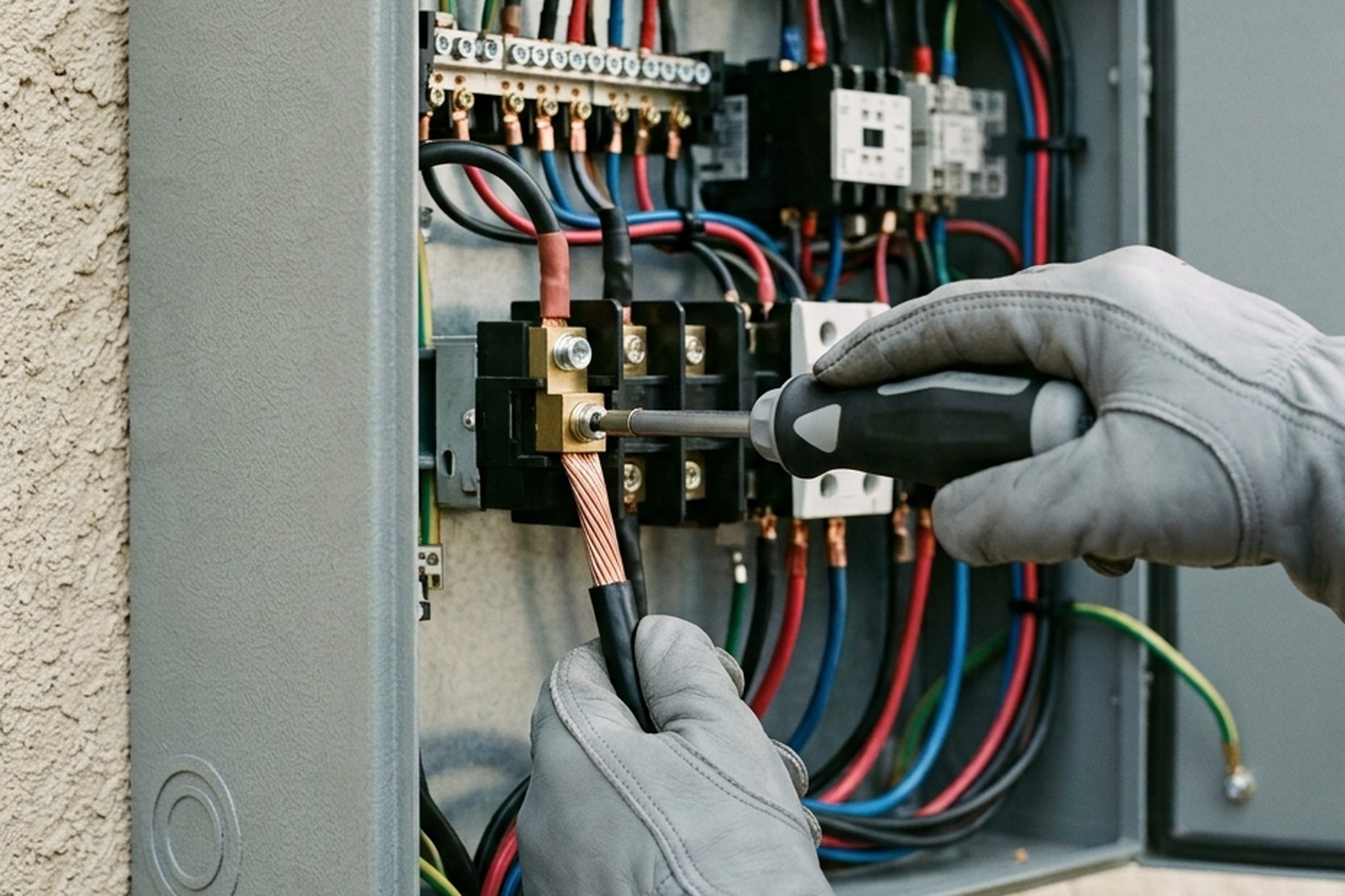 A technician’s hands at a standby generator control panel.