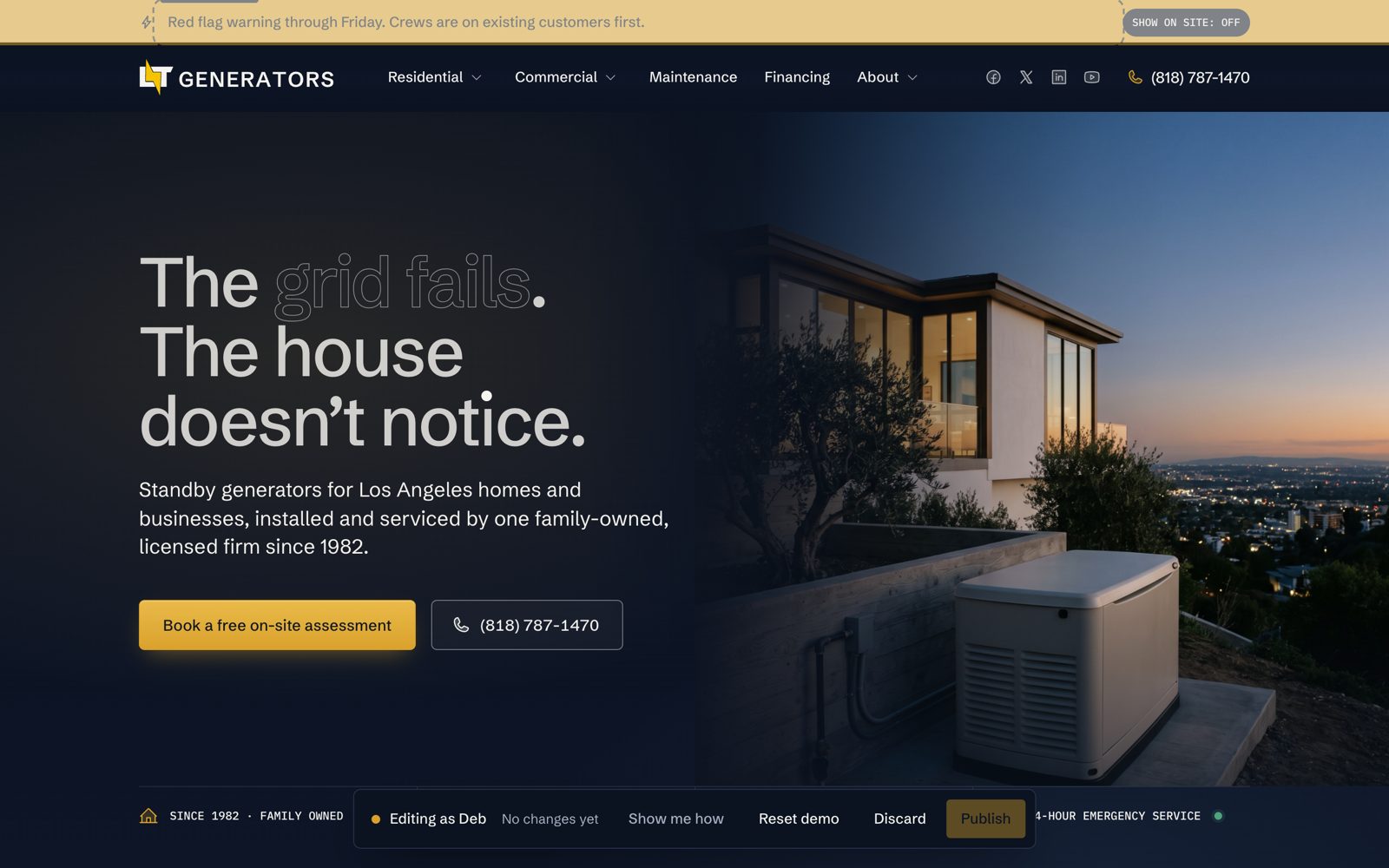 The same homepage with editing switched on