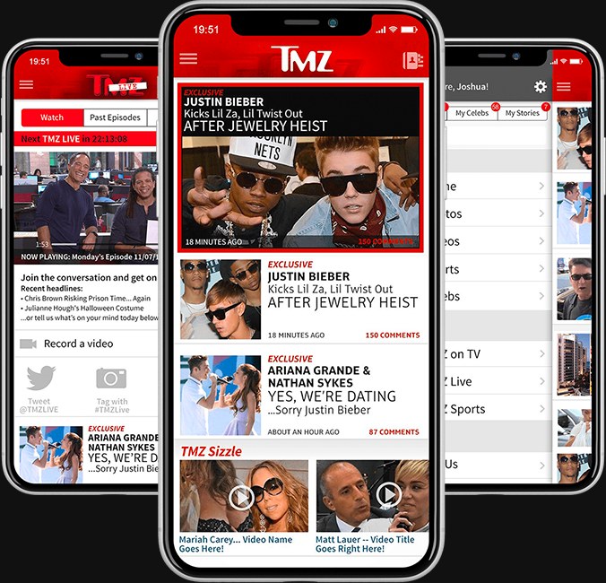 The TMZ app on two phones: the live feed and the sections menu