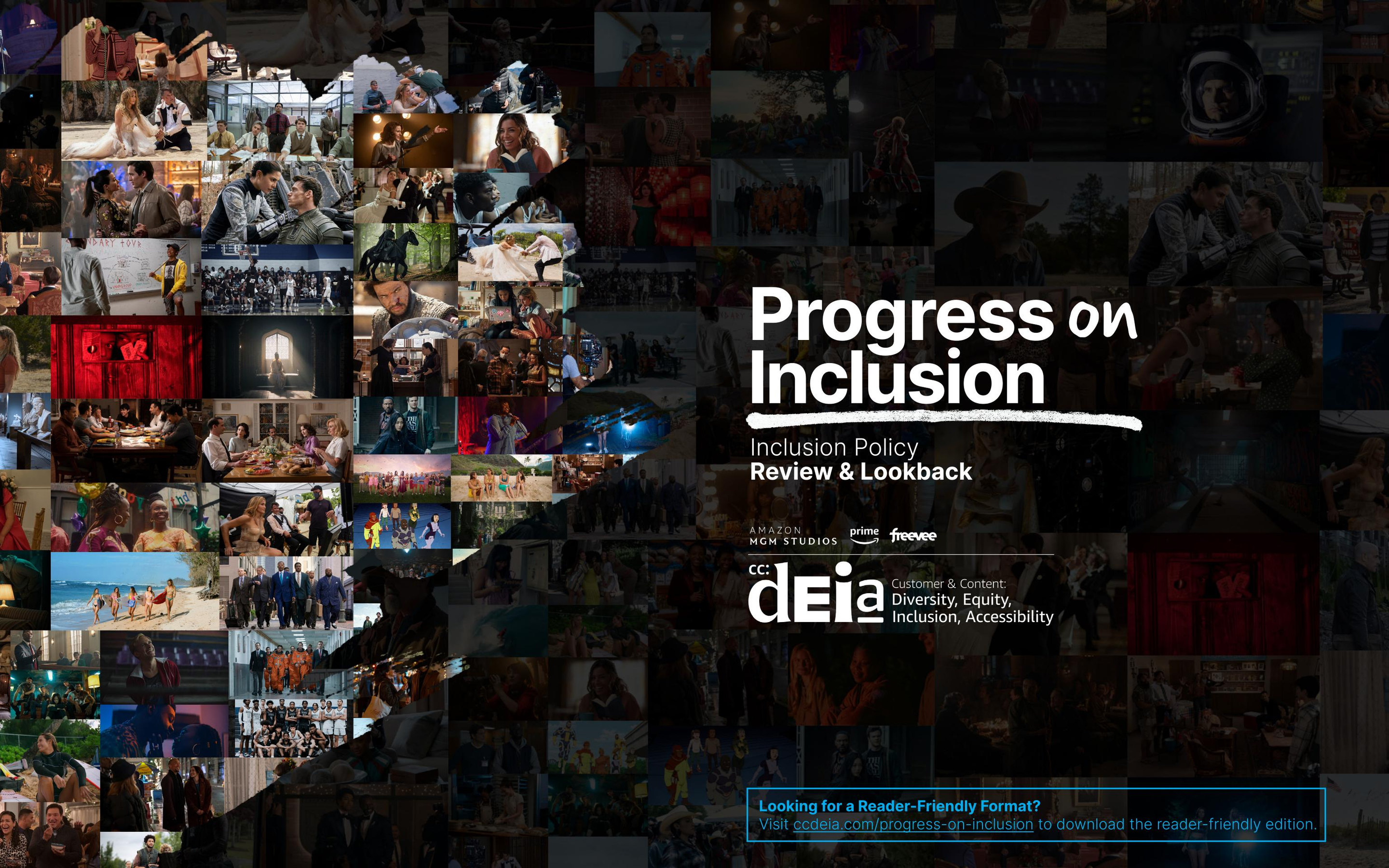 The Progress on Inclusion report cover: a mosaic of stills from the studio’s productions with the title set over it