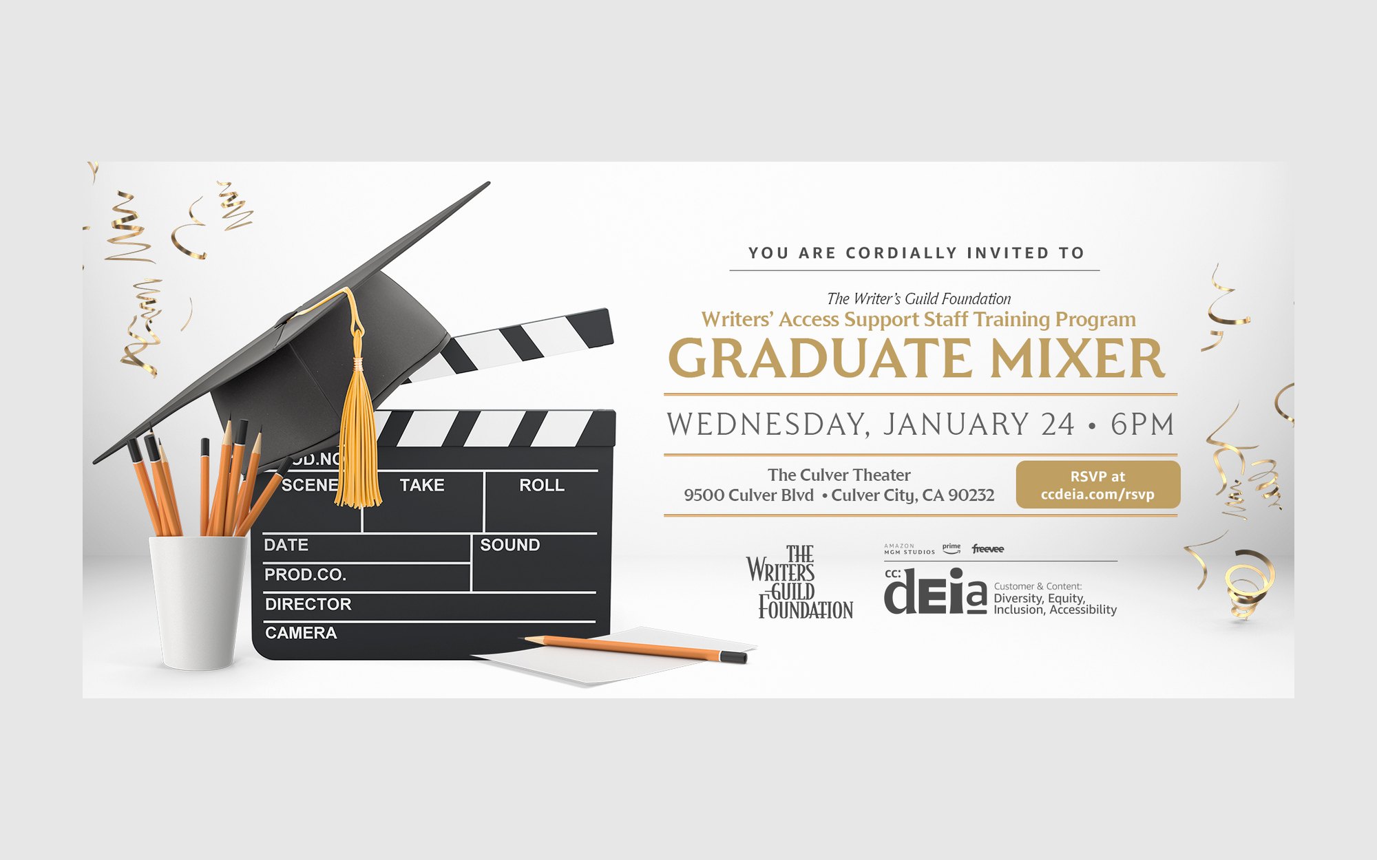 A graduate mixer invite for the Writers’ Access Support Staff Training Program