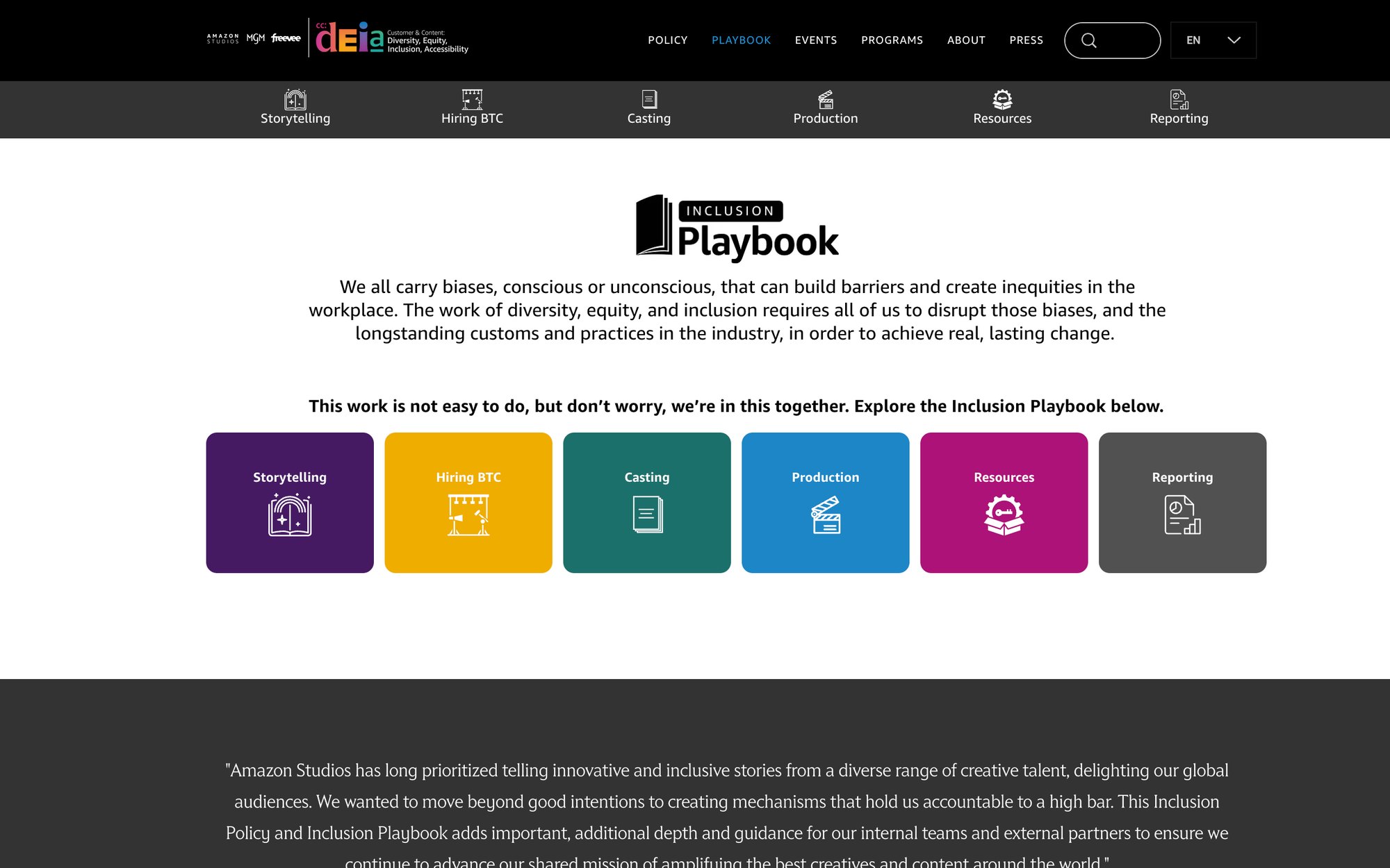 The rebuilt Inclusion Playbook landing page with six color-coded chapter tiles
