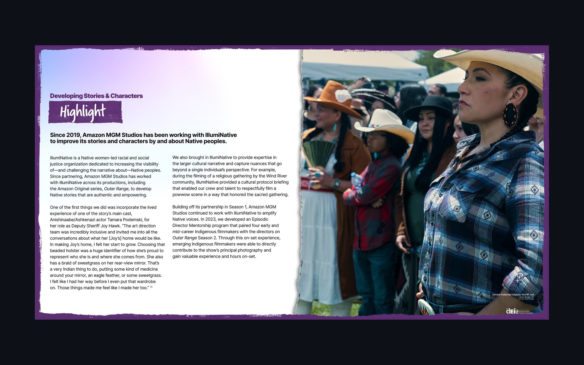 An editorial spread with a production still and a highlight panel