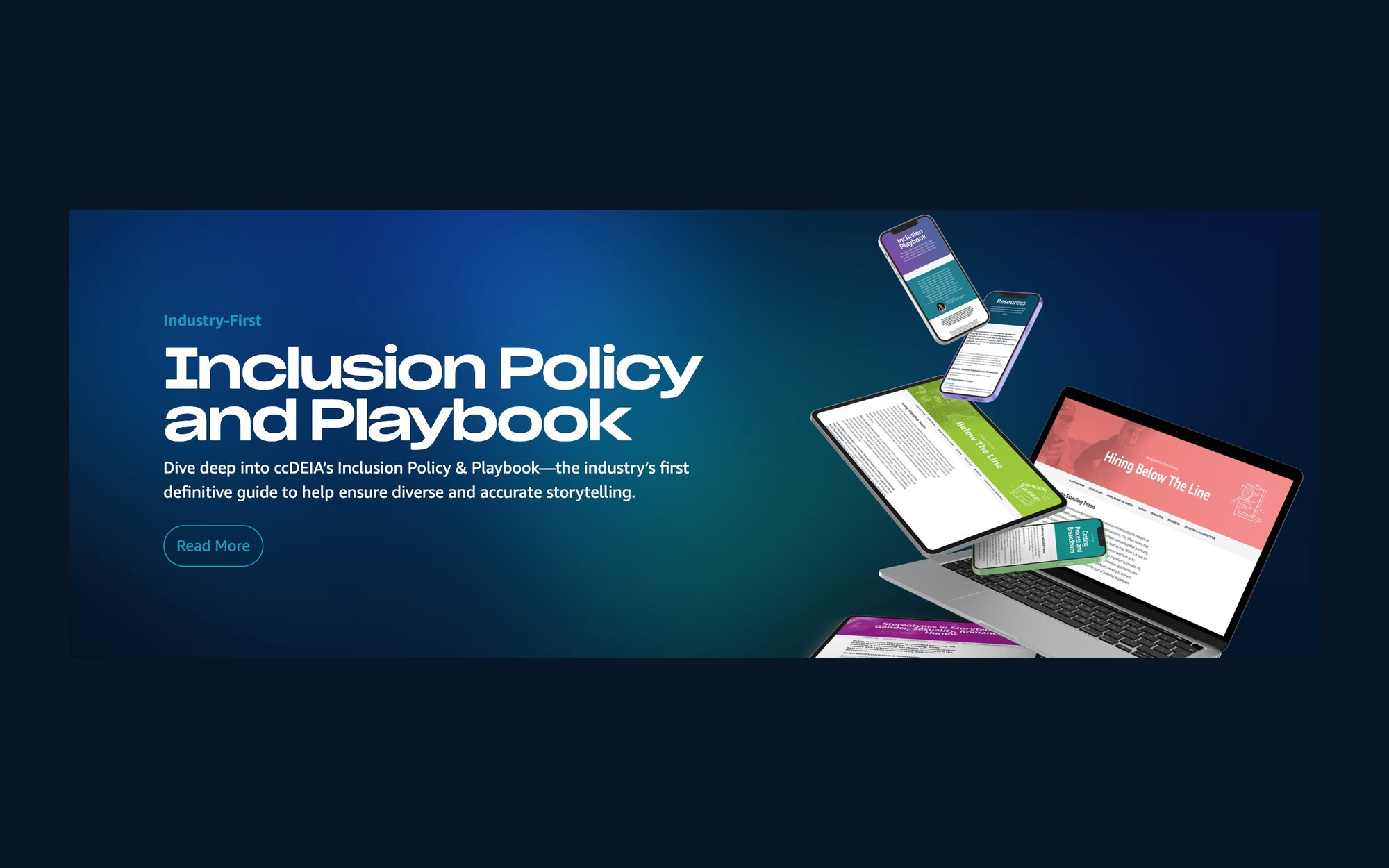The Inclusion Policy and Playbook panel from the ccDEIA homepage: white display type on deep blue beside the site on a laptop, a tablet, and phones