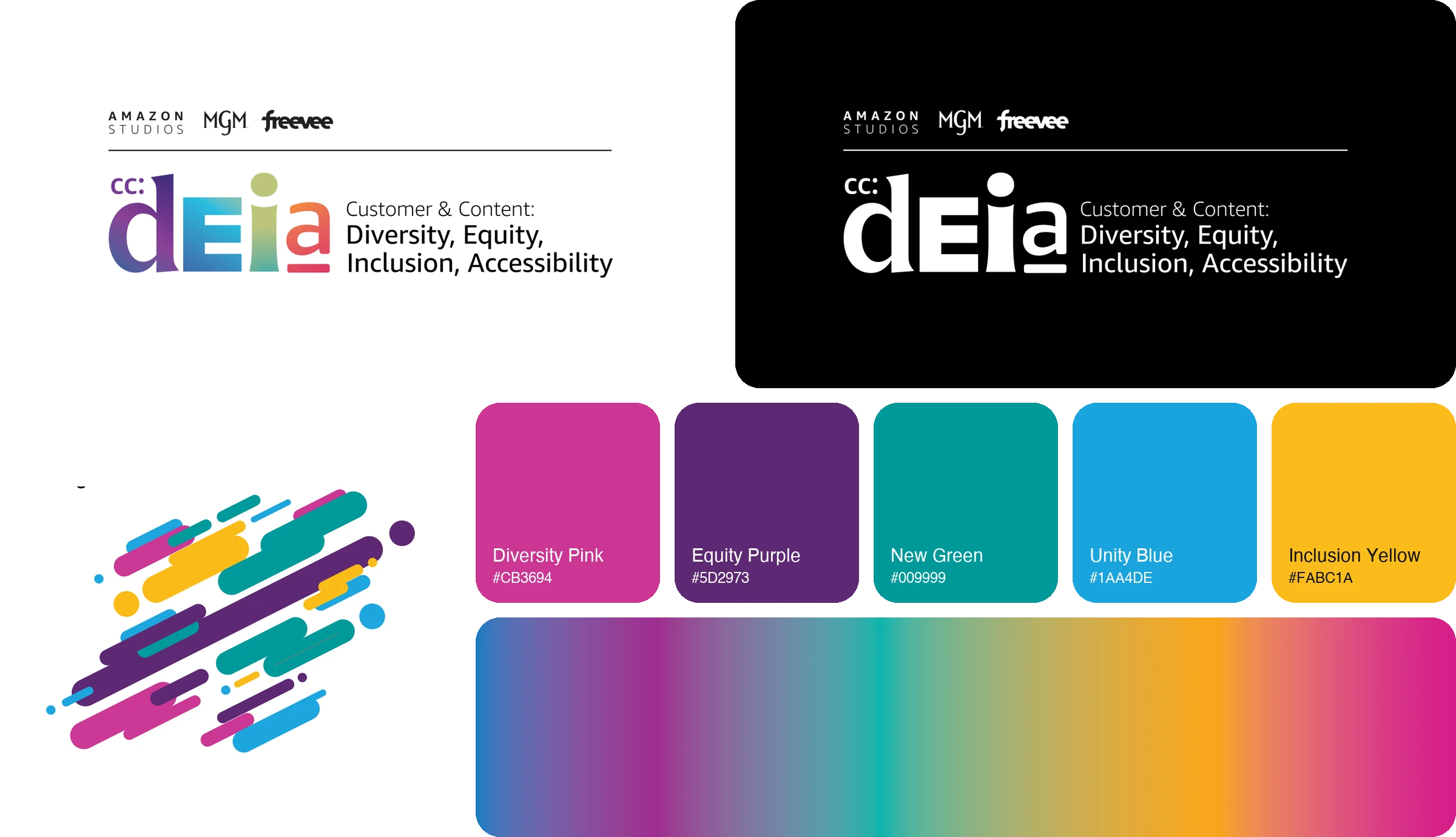 The cc:DEIA brand in tiles: the full-color logo on white, the white logo on black, the diagonal motif, five named colors, and the gradient they come from