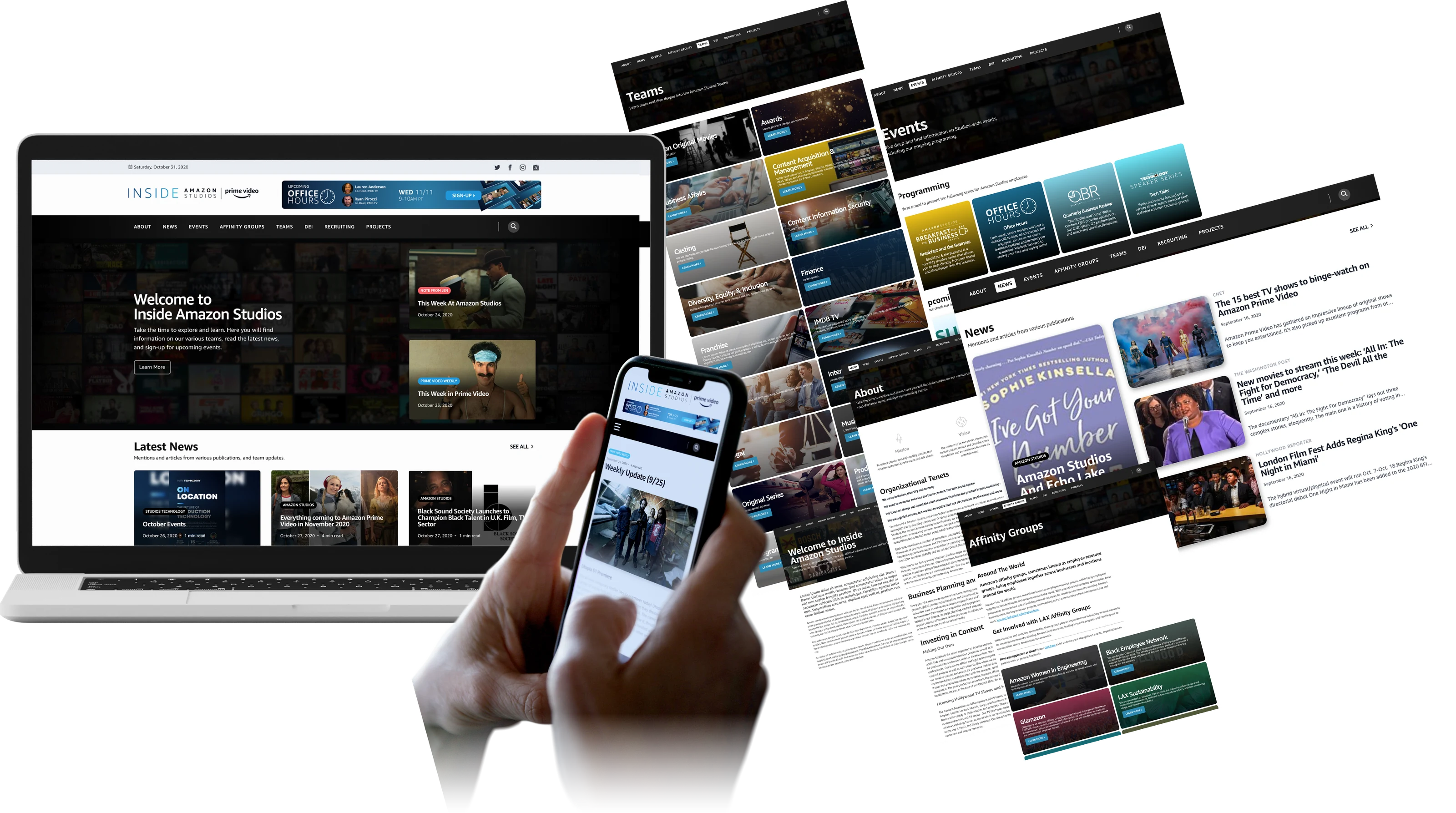 Inside Amazon Studios on a laptop and in a hand on a phone, with the Teams, Events, News, About, and Affinity Groups pages fanned out behind