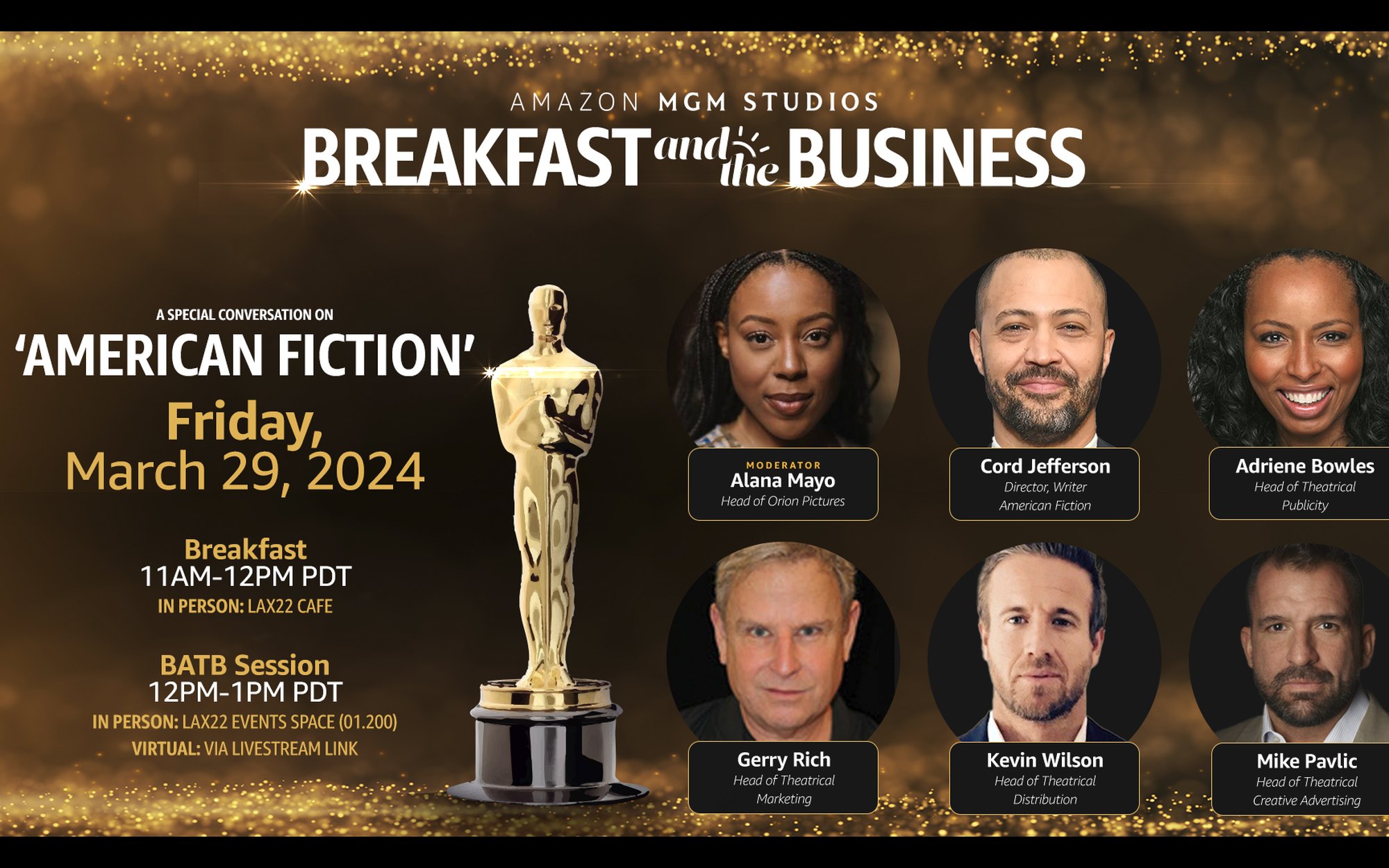 Breakfast and the Business key art for an American Fiction conversation: gold type and an award statue