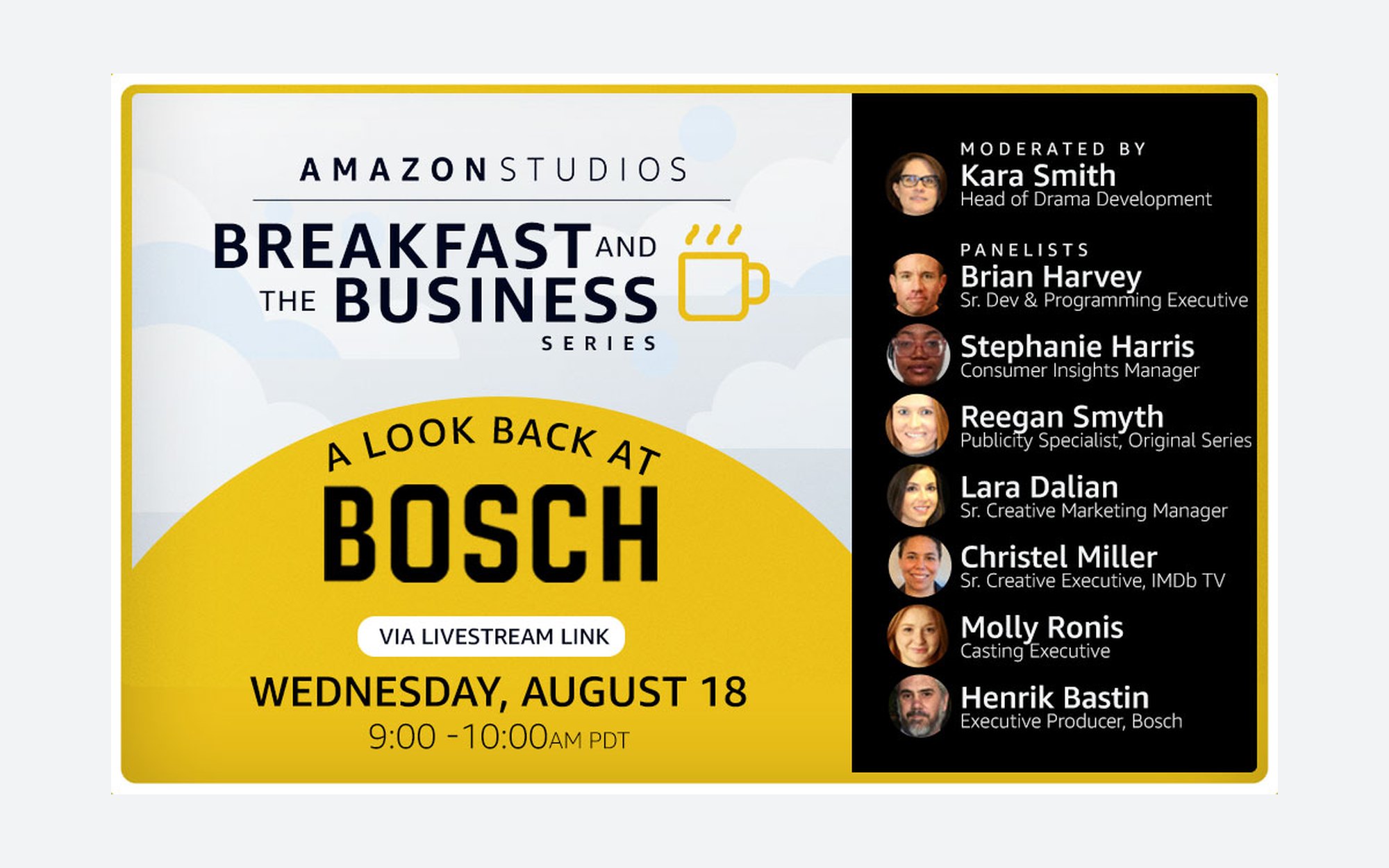 A horizontal Breakfast and the Business invite for a look back at Bosch, with the panel listed down the right
