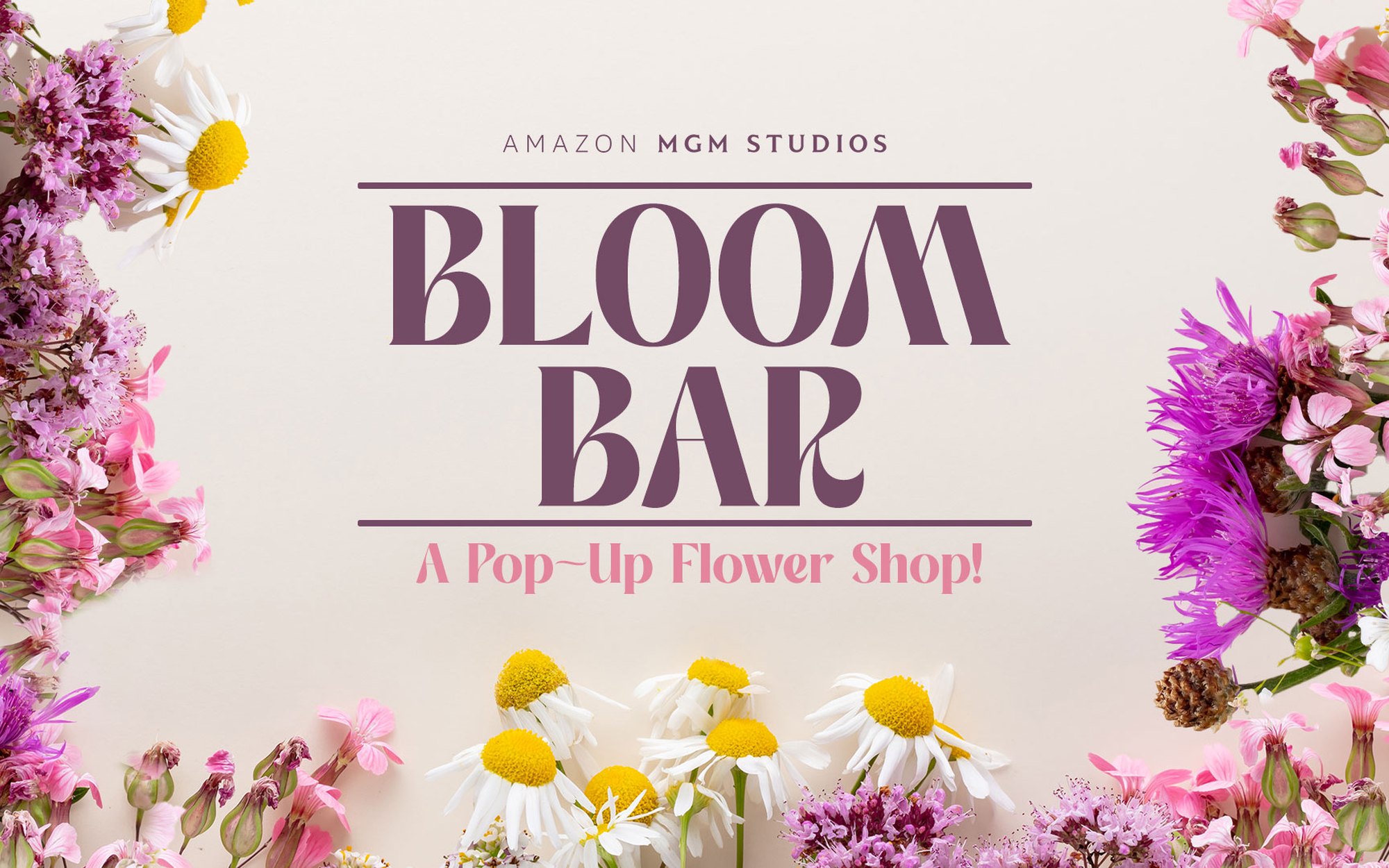 The Bloom Bar invite: serif type framed by pressed flowers