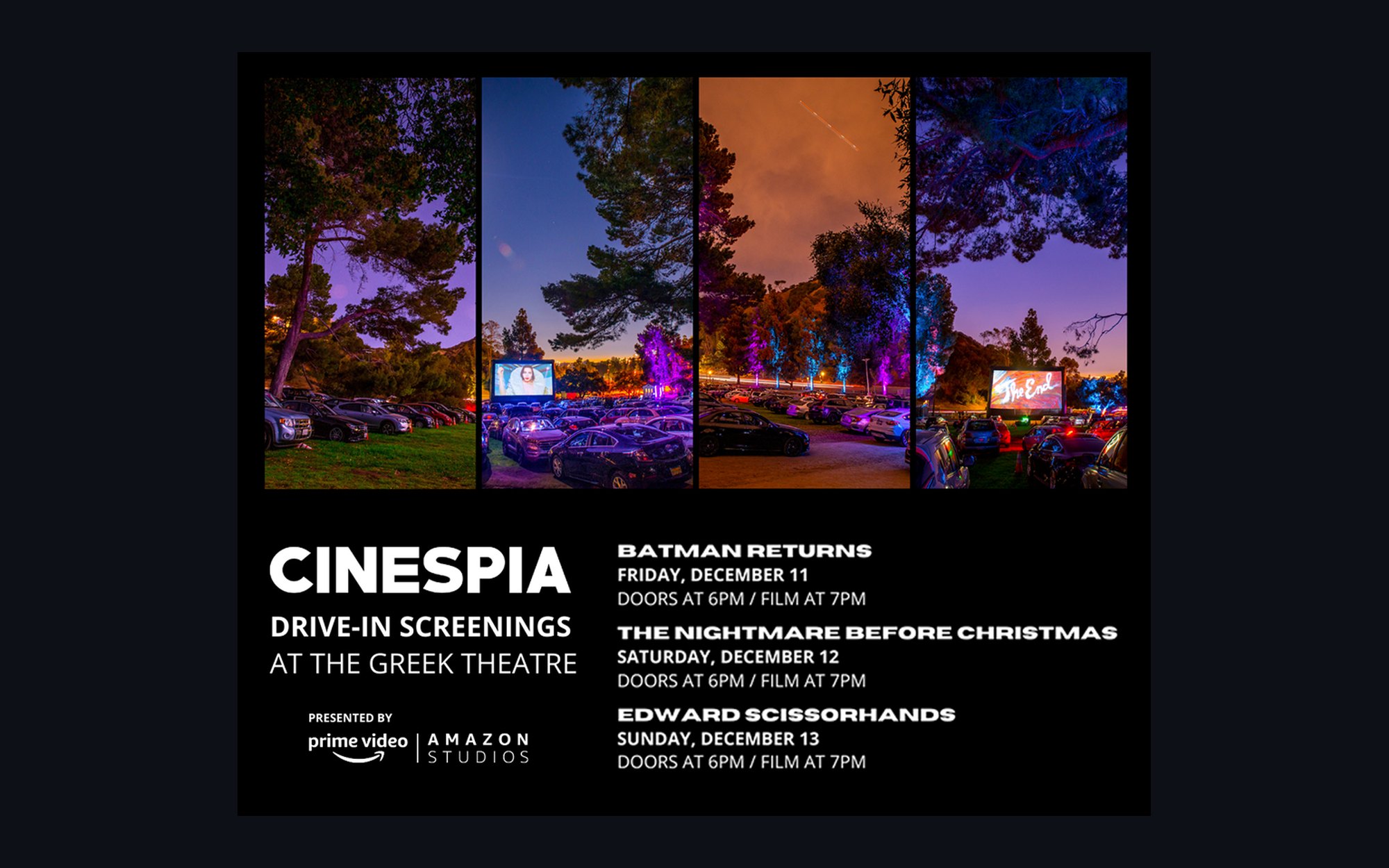 The Cinespia drive-in screenings invite: four night photographs of the venue over the schedule